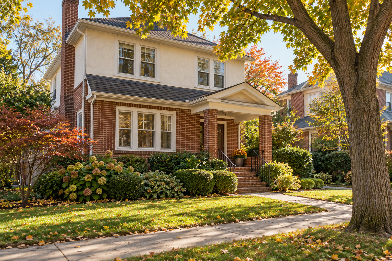 Illustrative residential home with a welcoming entrance and leafy surroundings